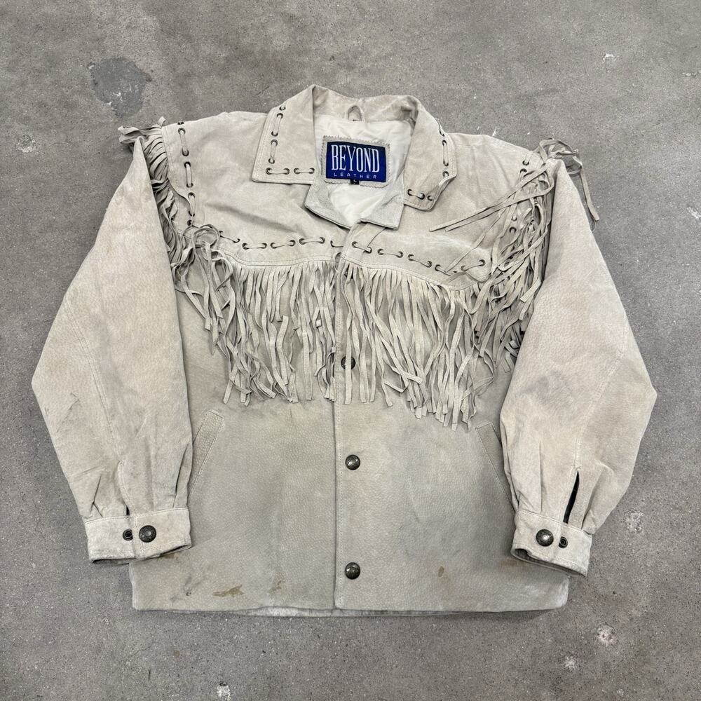 Vintage Beyond Leather Jacket Mens Large Tan Suede Fringe Western Cowboy Coat